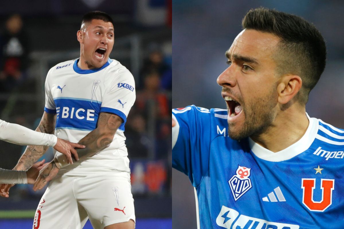 Primer plano a Matías Zaldivia y Nicolás Castillo con camisetas de Universidad de Chile y Universidad Católica.
