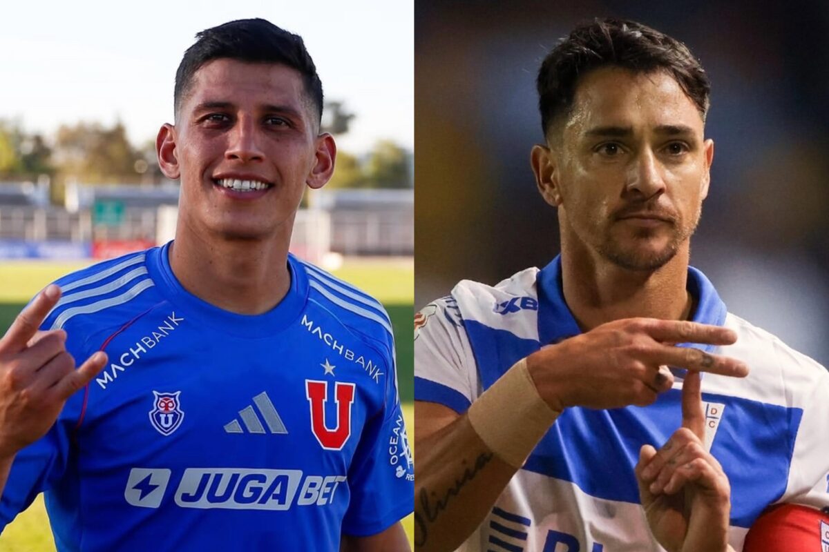 Israel Poblete y Fernando Zampedri con camisetas de Universidad de Chile y Católica.